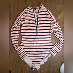 J. CREW Striped Long-Sleeve One-Piece Swimsuit - Red, Navy & White